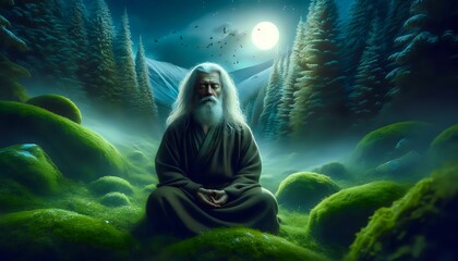 Zen in Nature: Monk's Forest Meditation - obrazy, fototapety, plakaty