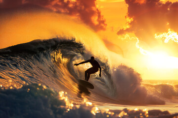surfer riding big wave barrel