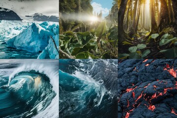 A surreal magnificent mystical power of nature. A sky and water, fire and earth. Warm and cold. Collage of images representing nature.