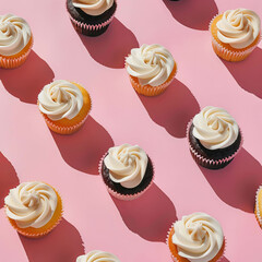 Cupcakes and chocolate cupcakes with white frosting on a pink background. Minimal pattern. Pop-inspired imagery. Sun light, soft colored shadows, flat lay angled.