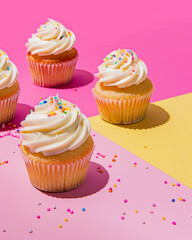 Few cupcakes decorated with white frosting, sitting on a light pink and yellow background. Vivid bold colors.