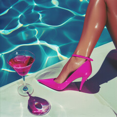A close-up photo of a woman legs bright pink high heels and cocktail glass next to the pool. Sunlight. 90s aesthetic vibe.