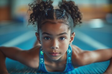 Close up portrait of Young little girl practicing gymnastic, working out in training class, wearing sportswear, indoor, gym interior background, preparing performance. Active sporty life concept - Powered by Adobe