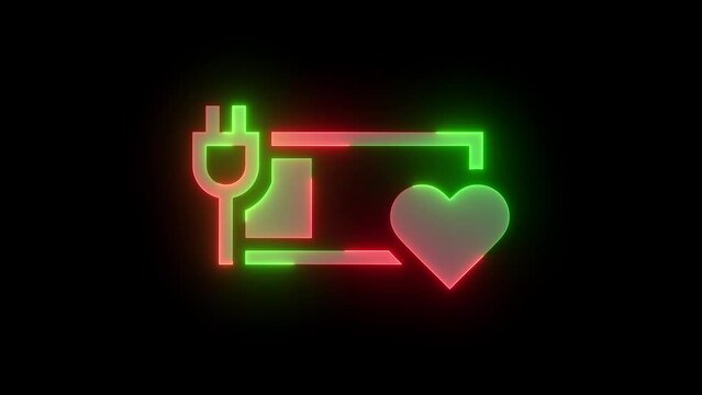 Neon heart love battery charging three icon green red color glowing animation black background