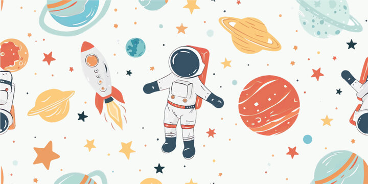 Astronaut, planets and stars, rocket, meteor. Seamless pattern on white background. Vector illustration in vintage style. cute cartoon design White background