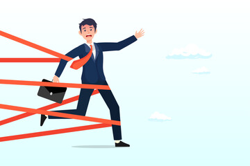 Businessman tied up with red tape trying to run away with full effort, business difficulty or struggle with career obstacle, limitation and trap or challenge to overcome to success (Vector)
