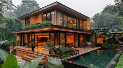 Modern house with illuminated interiors, pool, and lush greenery at dusk.