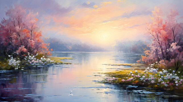 Original oil painting of beautiful spring landscape 