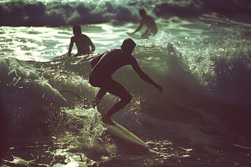 Surfers catch waves in Hawaii, captured in a nostalgic, grainy photo with warm beige and brown tones, highlighting the timeless thrill of the sea.