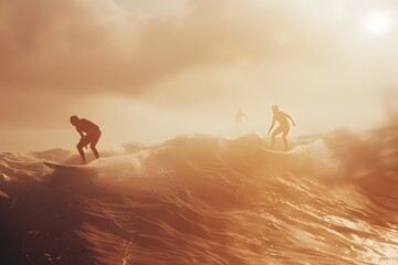 Surfers catch waves in Hawaii, captured in a nostalgic, grainy film with beige and brown tones, highlighting the natural beauty and thrill of surfing.