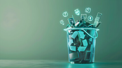 A semi - opaque recycling bin filled with electronic waste, overlaid with glowing eco - tech icons, against a light green background.