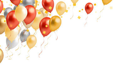 Celebration background with gold and silver balloons and red . Vector illustration.