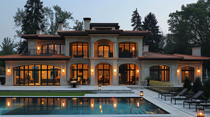 Luxurious modern house with pool at twilight, warm interior lighting, and elegant architecture.