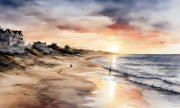 Digital painting of a beach at sunset with seagulls.
