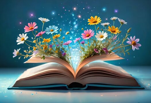 open book with a bouquet of wildflowers in a magical style on a blue background.