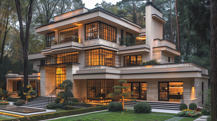 Luxurious modern house with illuminated windows at dusk, surrounded by trees.