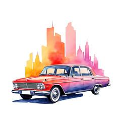 Vintage sedan with cityscape in background, watercolor illustration, vehicle clipart, purple violet car, cutout on white background, travel transportation vehicle