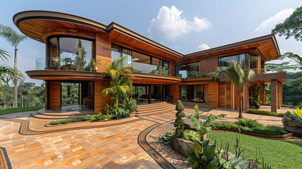 Luxurious modern house with large windows and wooden facade surrounded by lush greenery. - obrazy, fototapety, plakaty