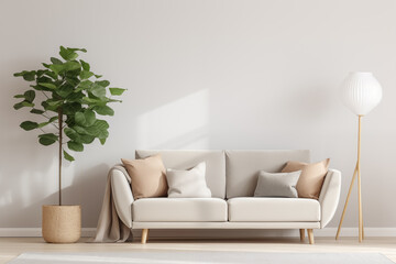 Salon avec un canapé gris clair beige dans un style scandinave. Pièce claire et lumineuse avec une grande plante et une lampe sur pied.  - obrazy, fototapety, plakaty