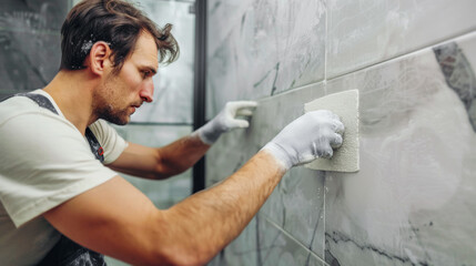 Repair and reconstruction of apartments, a specialist cleans the tiles from the remains of fugue and mortar, close-up, advertising concept for construction crews - obrazy, fototapety, plakaty