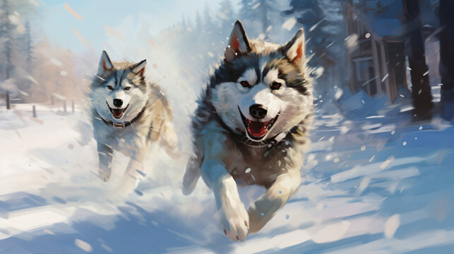 Painting with dogs running in the snow. Huskies 