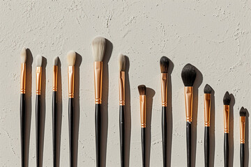 Assorted Paintbrushes Lined Up on a Grey Background