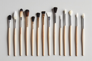 Assorted Paintbrushes Lined Up on Soft Gray Background