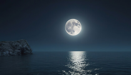 Full moon over the sea with beach and mountain.