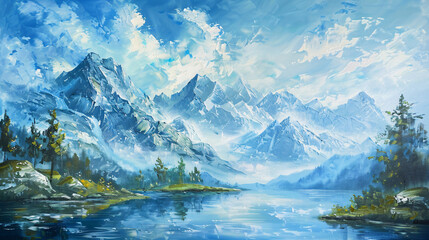 Peaceful mountain landscape oil painting ..