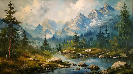 Peaceful mountain landscape oil painting ..