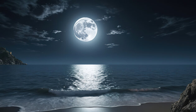Full moon over the sea with beach and mountain.