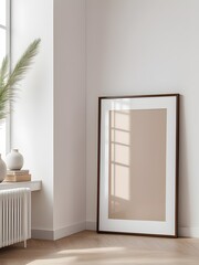 Close up of mock up frame in minimalist room interior background, interior mockup design