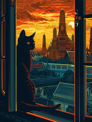 Obraz premium Sundown Sentinel Cat Overlooking the Temple
