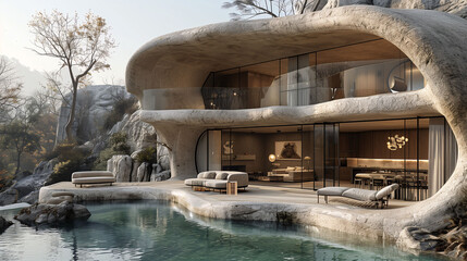 Modern luxury house organic architecture by lake featuring large windows and outdoor furniture.