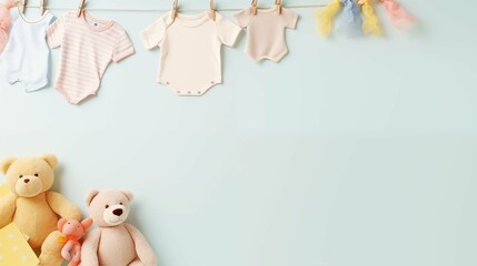 Pastel baby onesies and soft toys banner background copy space. Preparation for joyful arrival image backdrop empty. Parenting blog. Babyhood concept composition top view, copyspace - obrazy, fototapety, plakaty