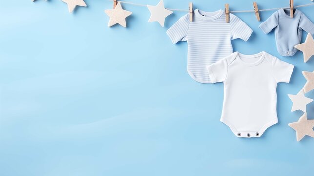 Pastel blue baby onesies hanging on line banner background copy space. Soft star ornaments image backdrop empty. Airy nursery vibes. Babyhood concept composition front view, copyspace