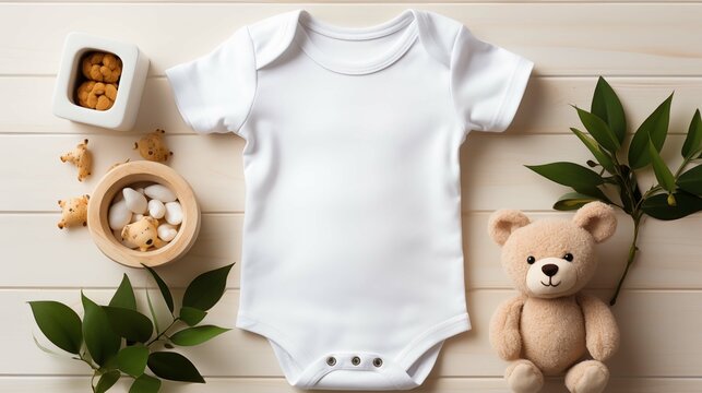 Cozy white onesie mockup on natural background. Clean babywear display. Toys and greenery. Bodysuit baby clothing flat lay. Blank romper template apparel top view. Babyhood concept image