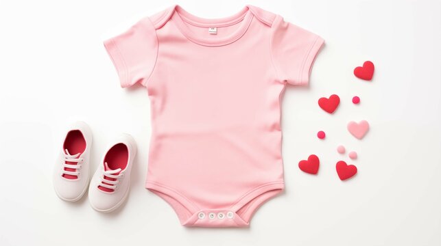 Delicate pink onesie mockup on scattering of hearts background. White sneakers tiny, bodysuit baby clothing flat lay. Blank romper template apparel top view. Babyhood concept image