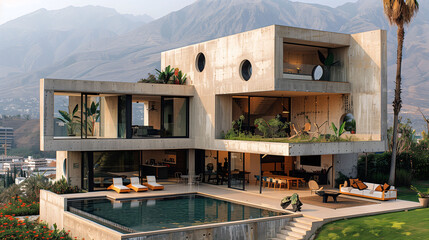 Luxury modern house with swimming pool, palm tree, and mountain backdrop. - obrazy, fototapety, plakaty