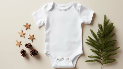 Pristine white onesie mockup on beige background. Wooden stars, pinecones, fir sprig. Eco friendly bodysuit baby clothing flat lay. Blank romper template apparel. Babyhood concept image