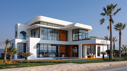 Modern luxury villa with large windows and palm tree on a sunny day. - obrazy, fototapety, plakaty