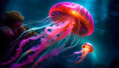 Fototapeta premium A digital painting of a bioluminescent creature in space, with vibrant colors and a dreamy atmosphere.