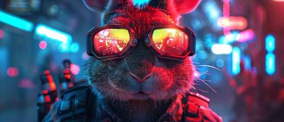 A hightech rabbit mafia boss in a neonlit room fire reflecting in his eyes as he contemplates a holographic money pile - obrazy, fototapety, plakaty