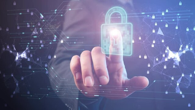Cg footage against the background of a business man with an outstretched index finger, a light point on the lock is blinking and the electrons of the AI chip are moving