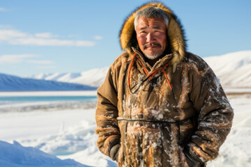 Inuit man with traditional fur clothing, Alaska - obrazy, fototapety, plakaty