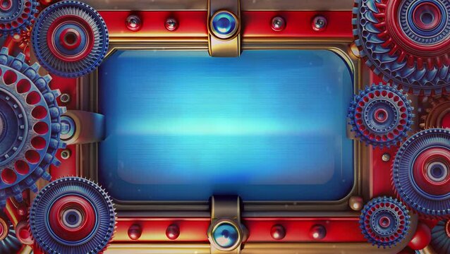 metal frame with gear mechanism, steampunk, bright red and blue colors, cyclic animation, background for music