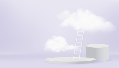 Studio room concept light purple cylinder podium ladder and cloud light purple platforms for cosmetic product presentation. vector 3d illustration with geometric shapes.  minimal design