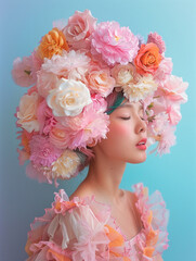 Close-up of a fashionable woman with multi-colored hair and a vibrant floral crown against a blue backdrop, conveying creativity and diversity.