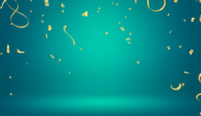 Gold confetti on a green background. Festive background. Vector illustration.