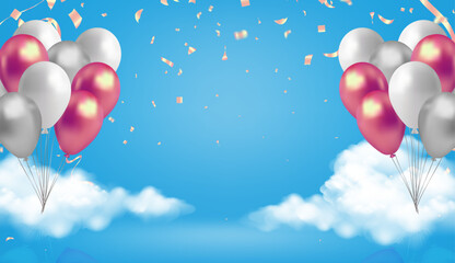 Happy birthday background with balloons, confetti and ribbons. Vector illustration.